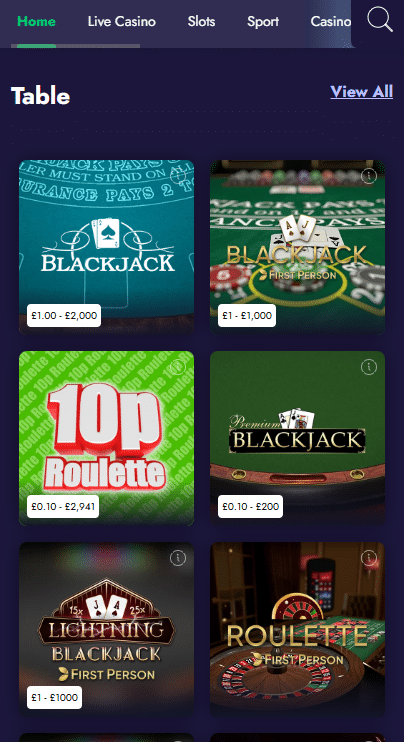 Grosvenor casino table games
