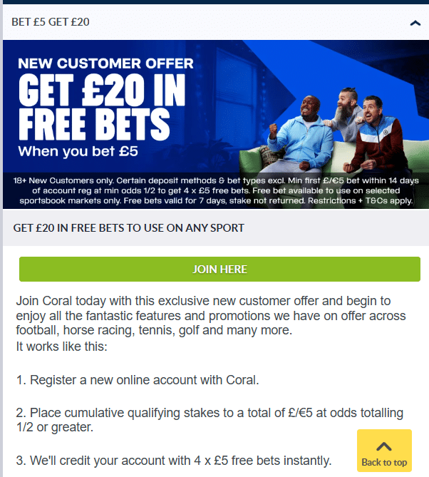Coral sports New Customer Offers &pound;20 free bets