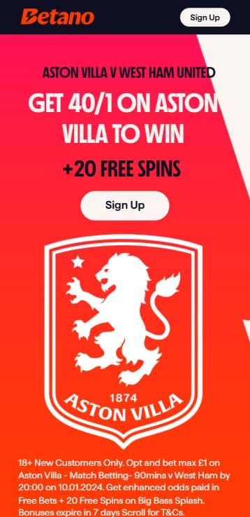 betano villa vs west ham offer