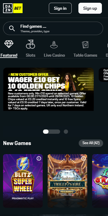 Browsing DAZN Bet Casino welcome bonus for a wide range of casino games available