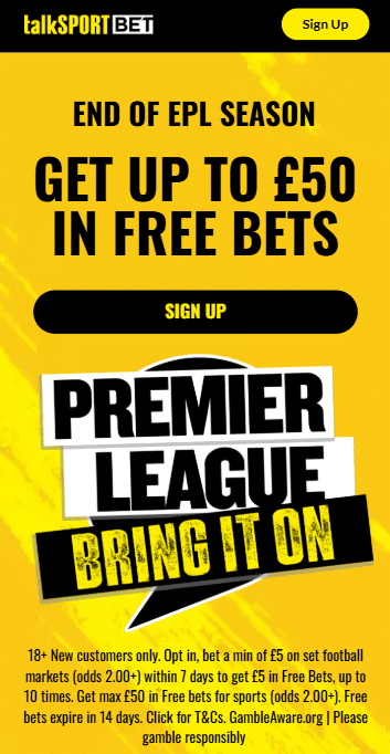 talksportbet epl matchday 38 offer