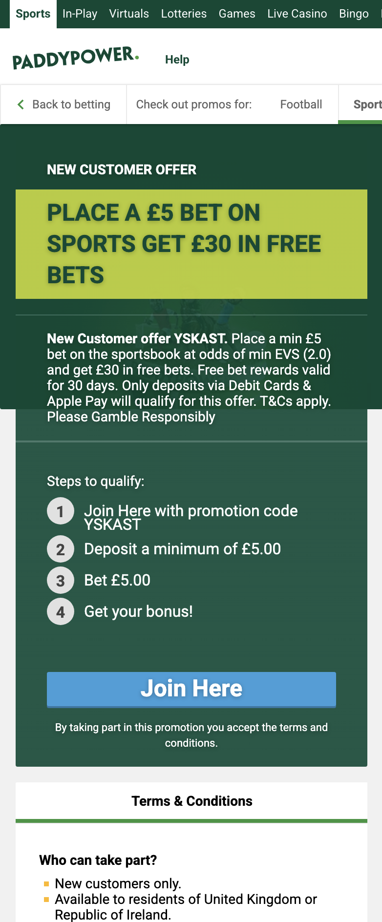 Paddy power sign up offer: &pound;30 Iin free bets