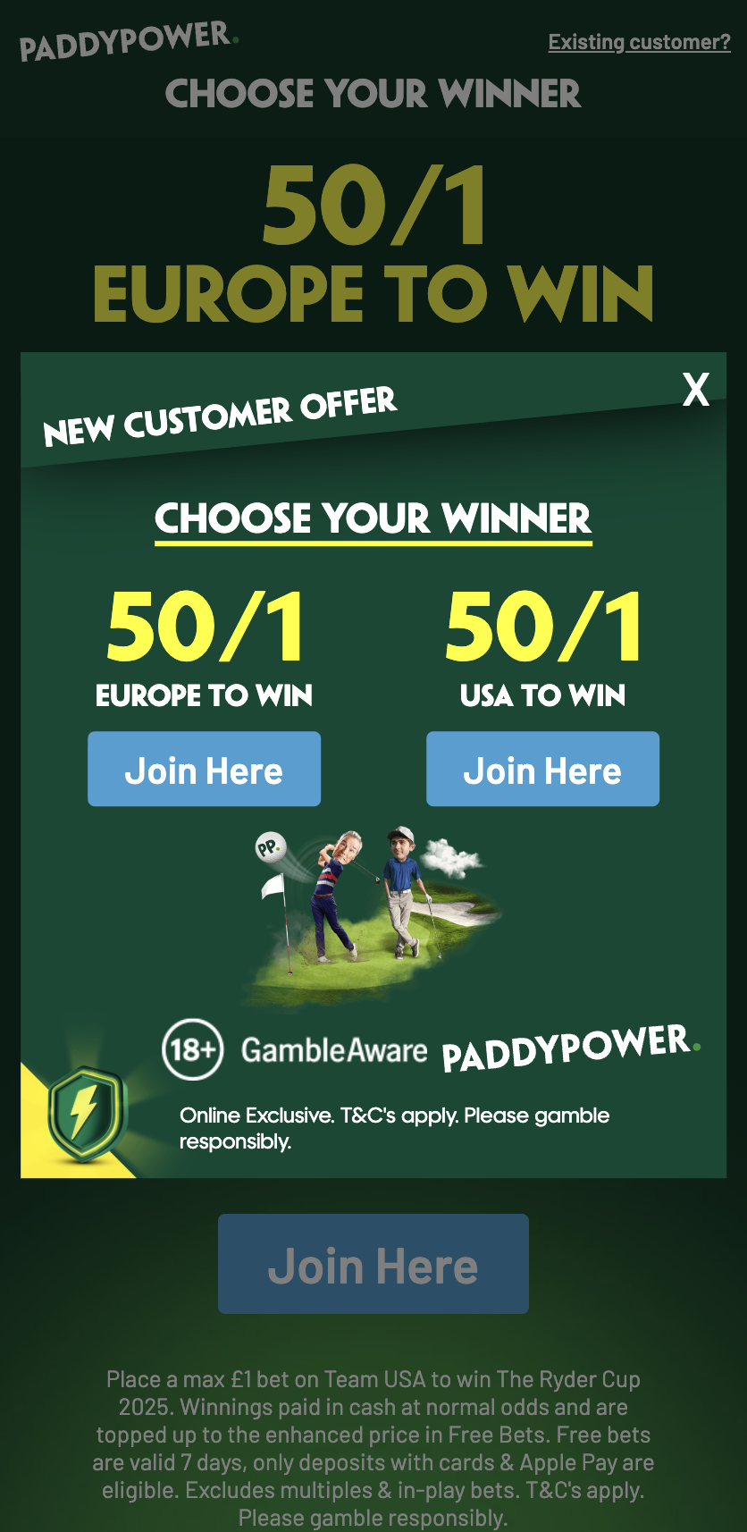 Paddy power ryder cup betting offer: 50/1 Europe/US to win
