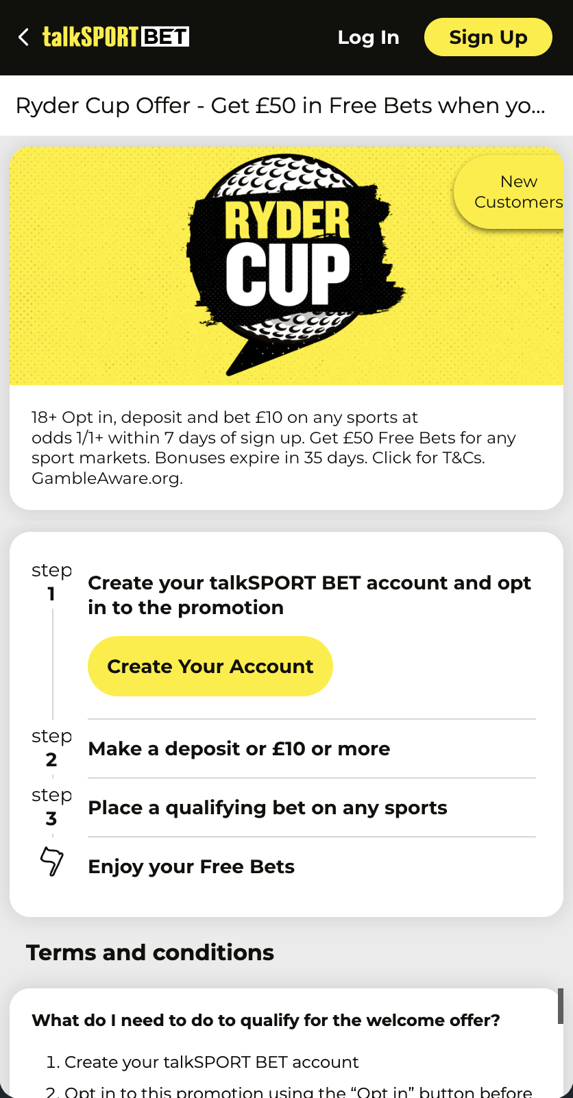 Talksportbet ryder cup betting offer: Get &pound;50 in Free Bets