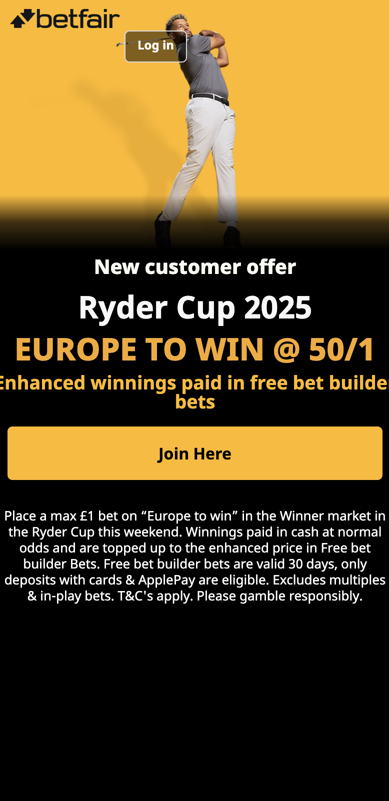 Betfair ryder cup betting offer: 50/1 boost