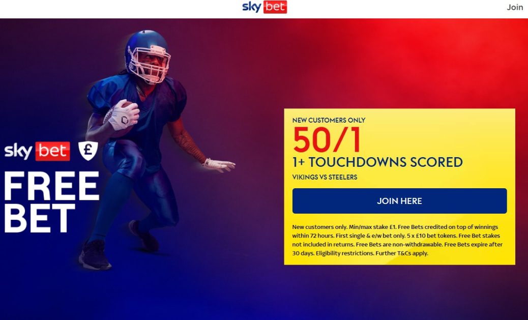 sky bet sign up offer for vikings vs steelers nfl game