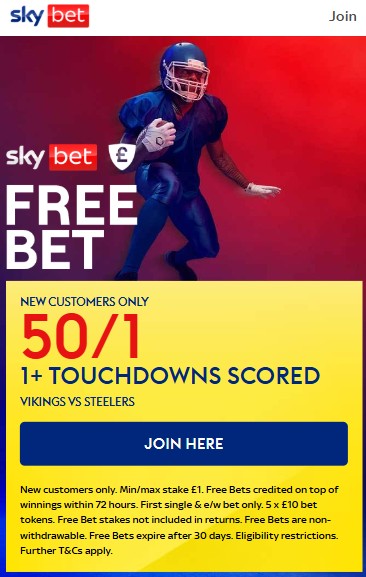 sky bet vikings vs steelers nfl offer