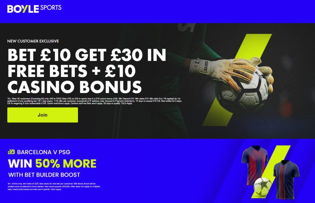 Boylesports welcome offer: Barcelona vs PSG - Get &pound;40 Free Bets + 50% Bet Builder Boost