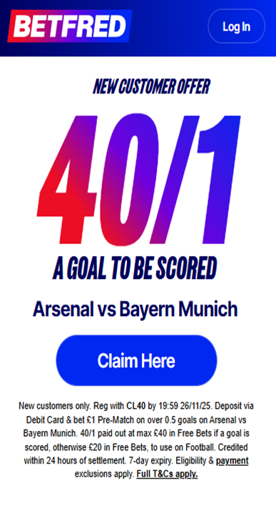 Betfred Arsenal vs Bayern Munich promo offer