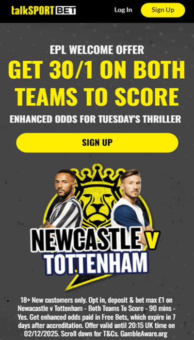 Newcastle vs Tottenham talkSPORT BET offer