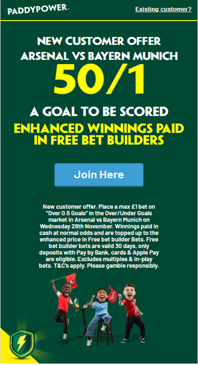 Paddy Power Arsenal vs Bayern Munich promo offer