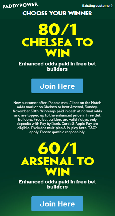 Paddy Power offer Chelsea vs Arsenal