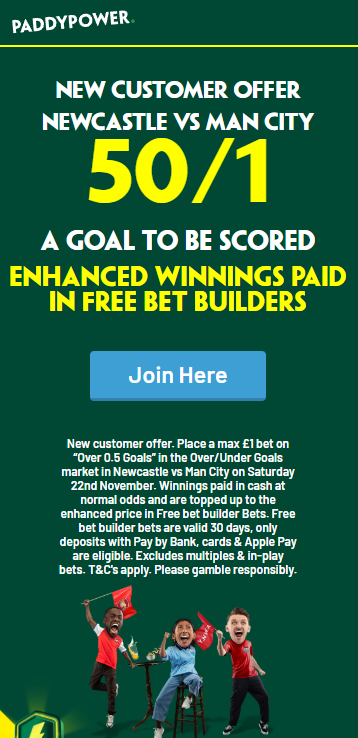 Paddy Power offer Newcastle vs Man City mobile