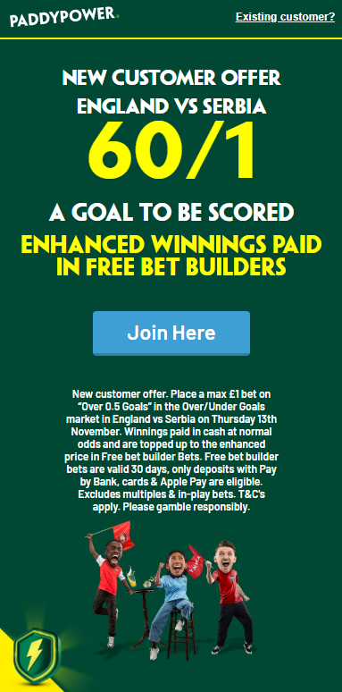 Paddy Power promo offer for England vs Serbia mobile