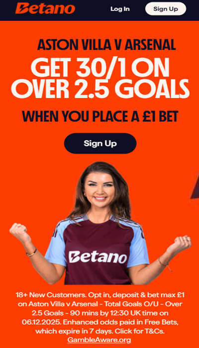 Aston Villa vs Arsenal Betano promo offer