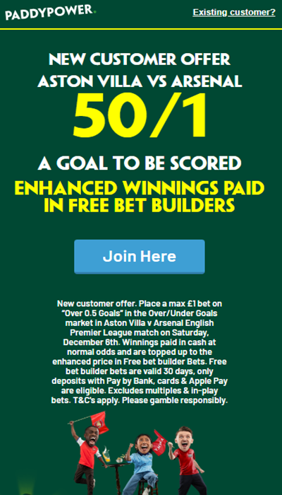 Aston Villa vs Arsenal Paddy Power promo offer