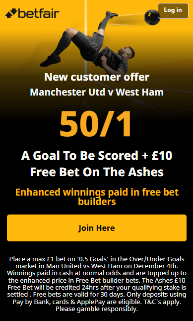Betfair promo offer for Man Utd vs West Ham