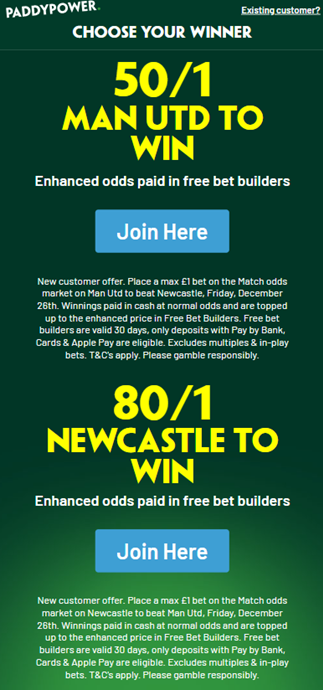 Man Utd vs Newcastle Paddy Power promo offer
