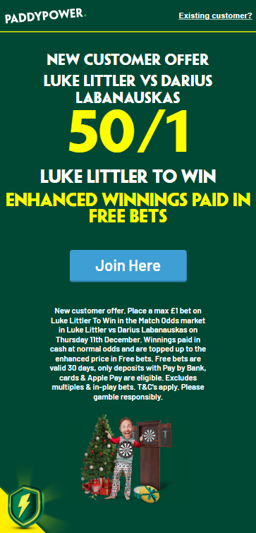 Paddy Power darts promo offer