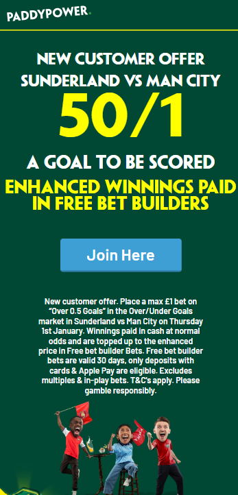 Paddy Power promo offer for Sunderland vs Man City