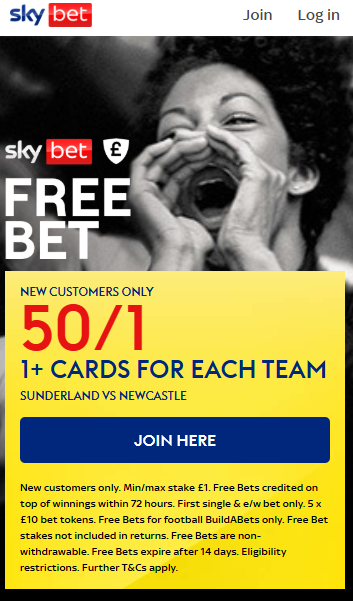 Sunderland vs Newcastle Sky Bet promo offer