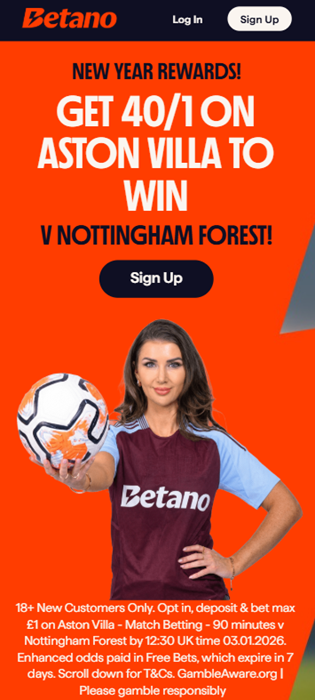 Betano promo offer for Aston Villa vs Nottingham Forest 1