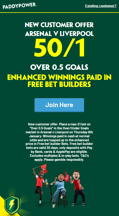 Paddy Power promo offer for Arsenal vs Liverpool