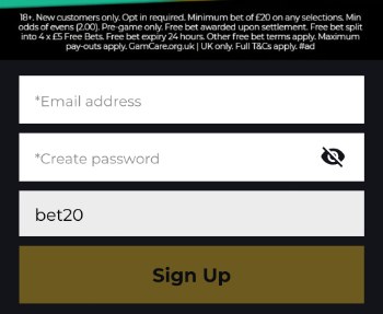 Priced Up Bet sign up form with promo code bet20 and the offer terms